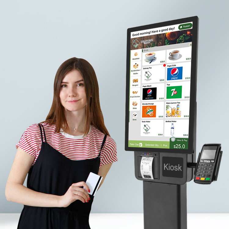23.8-inch Touchscreen Self Checkout POS Machine, Multifunctional Payment Kiosk with Barcode Scanner and Receipt Printer